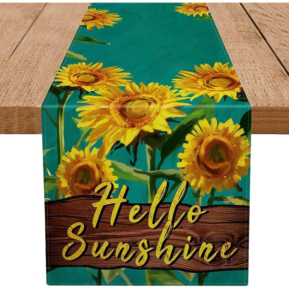 Summer Table Runner Hello Sunshine Sunflower Dark Green Party Decor 13 x 72 Inch - Picture 1 of 4